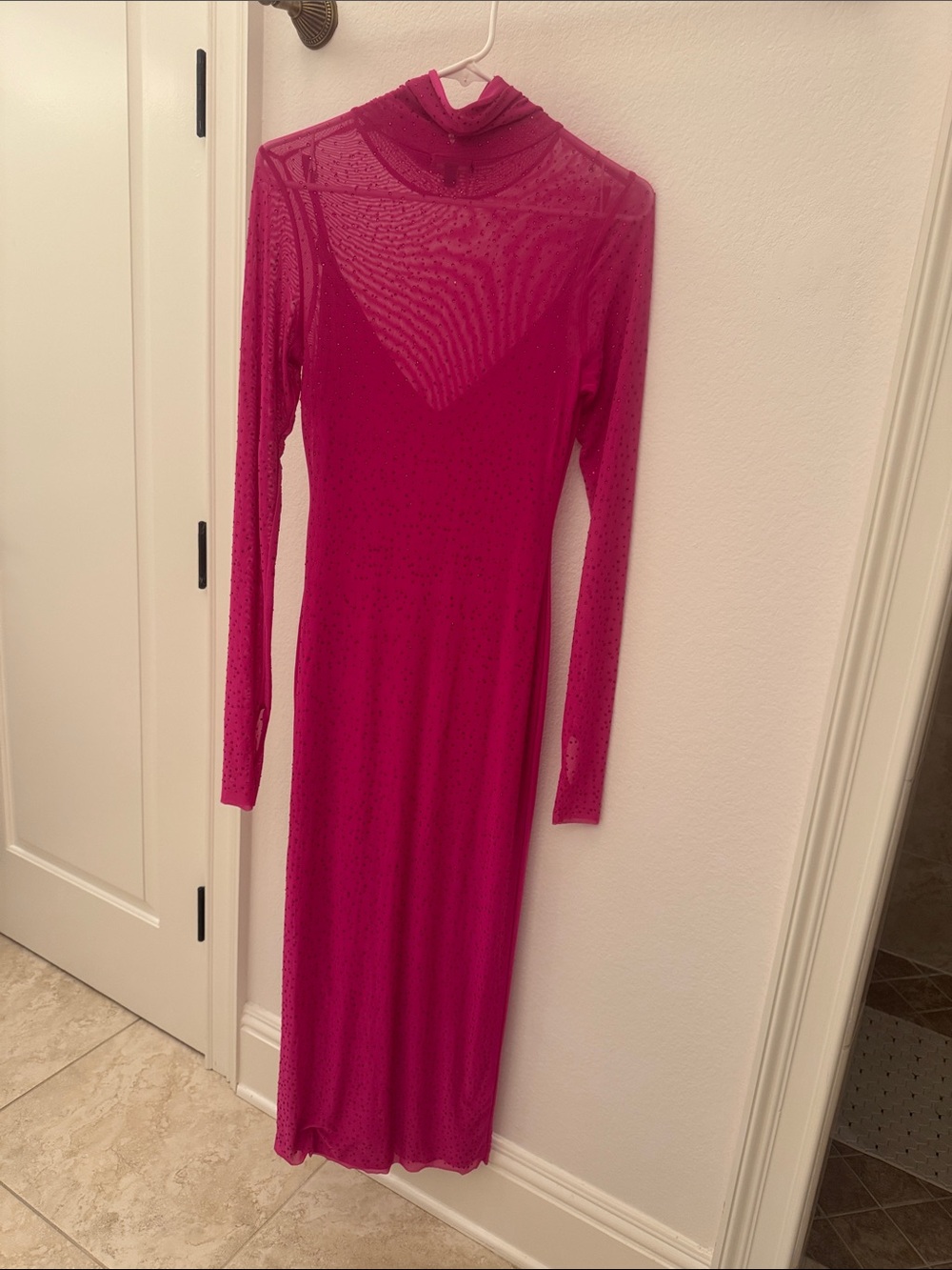 Fuchsia Long Sleeve Mesh Midi Dress